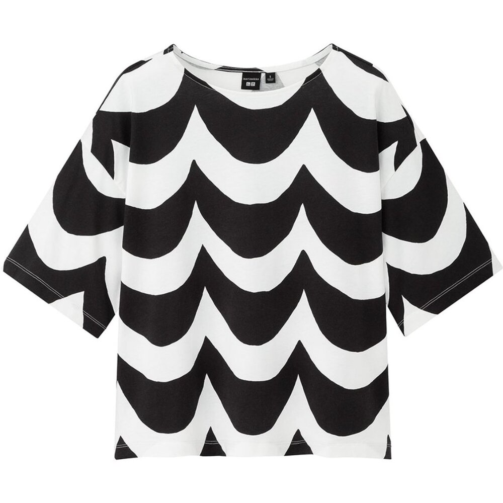 Uniqlo x Marimekko Short-Sleeve Boxy Crop Top Relaxed T-Shirt Black White Waves